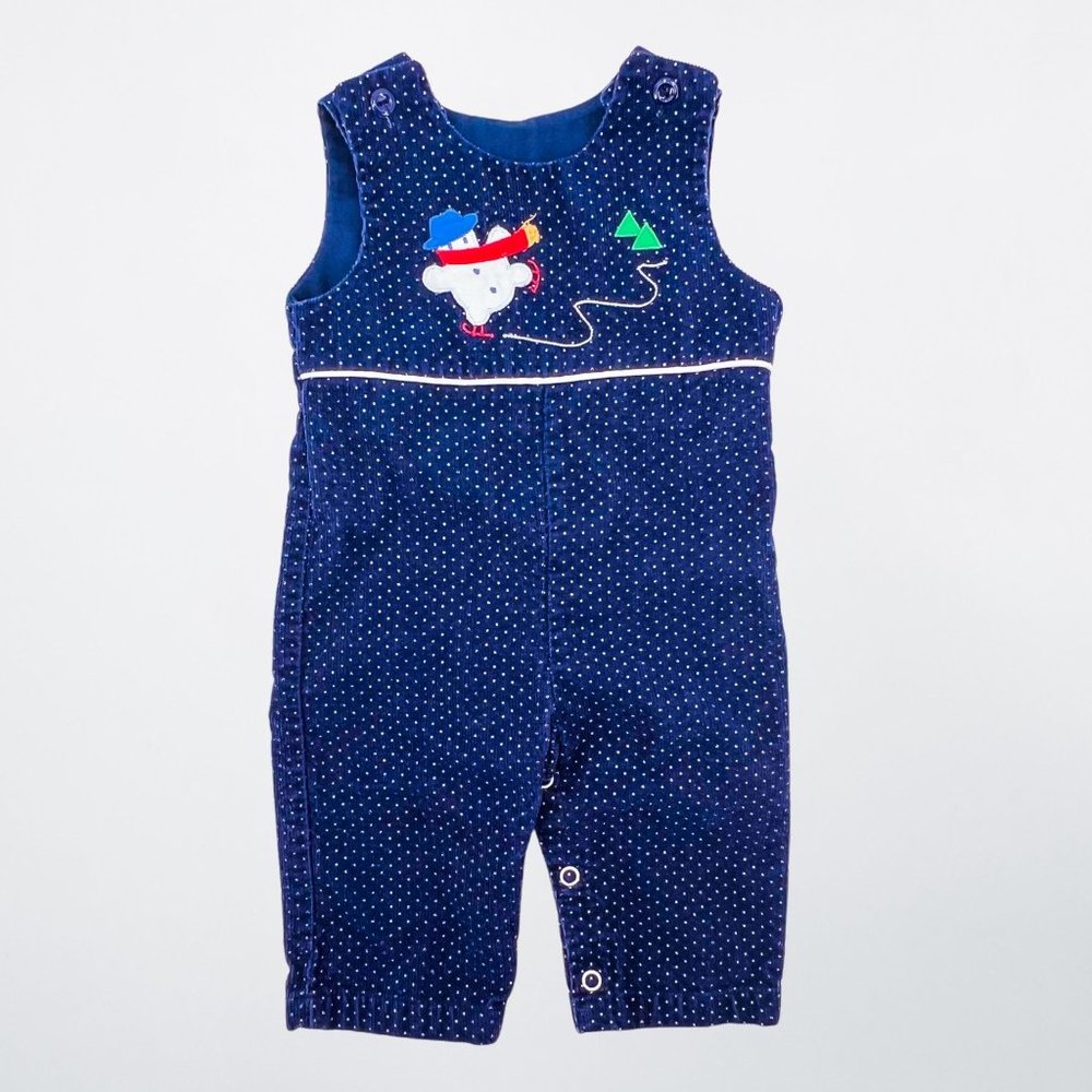 Vintage Royal Blue Corduroy Textured Novelty Christmas Snowman Overalls - 3-6M